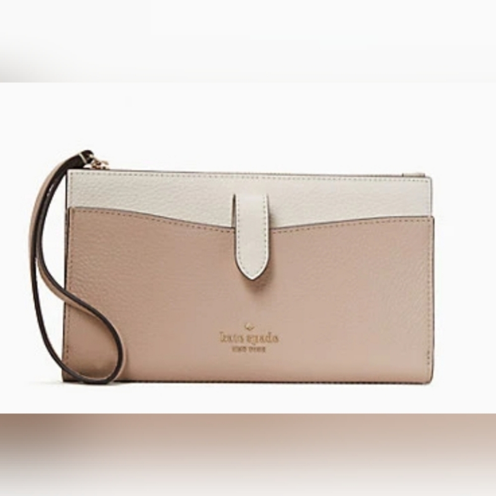 KATE SPADE leather Leila Medium phone wristlet 2 tone khaki & cream NWT